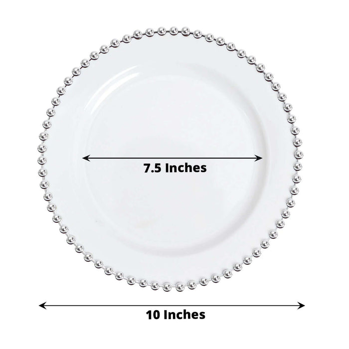 White decorative plate with beaded edge, 7.5 inches diameter.