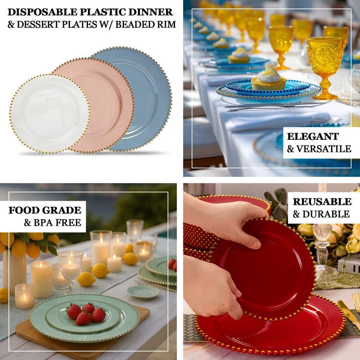 Disposable plastic dinner and dessert plates with beaded rim, food grade & BPA free.