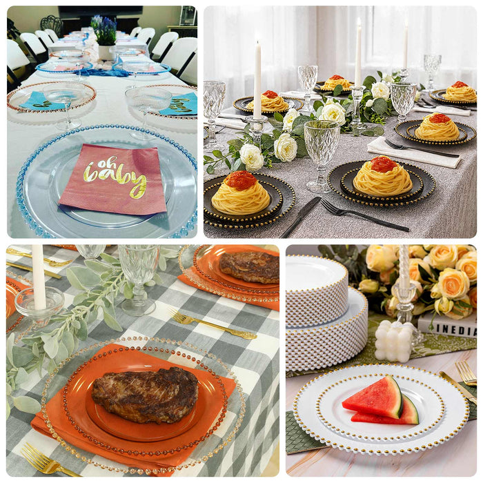 Elegant dining setups featuring colorful table settings and gourmet dishes.