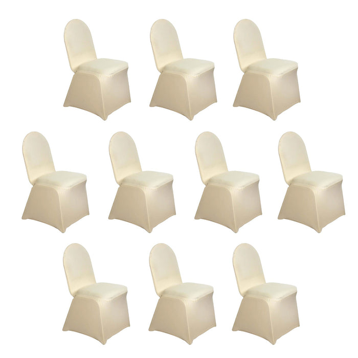 Set of ten elegant cream dining chairs on white background