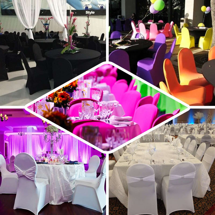 Colorful event seating arrangements with various table settings and décor.
