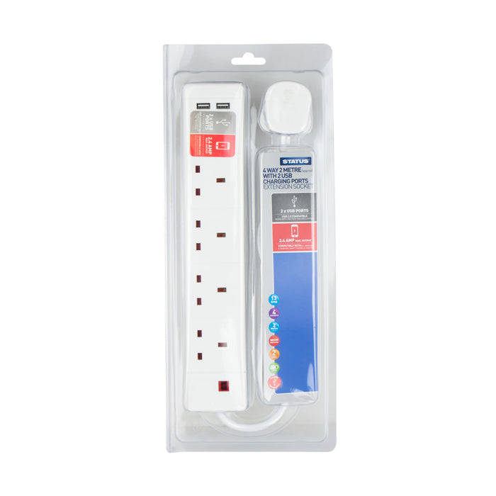 4 Way 2Mtr Extension Socket With 2 USB Charging Ports