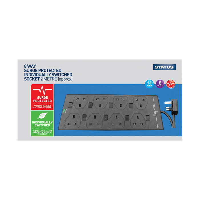 8 Way 2Mtr Extension Socket Individually Switched With Neon Indicator