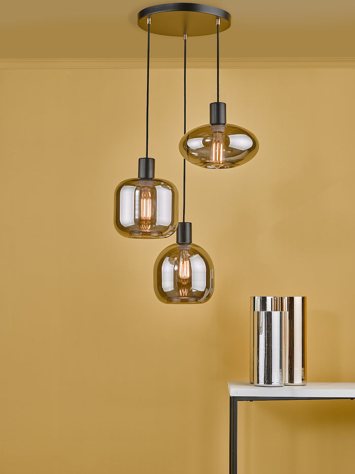 Aiden 3 Light Cluster Pendant Satin Black & Smoked<br>Smoked Glass