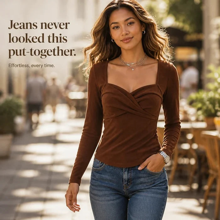Amora – Twisted-Front Sweetheart-Neck Long-Sleeve Top