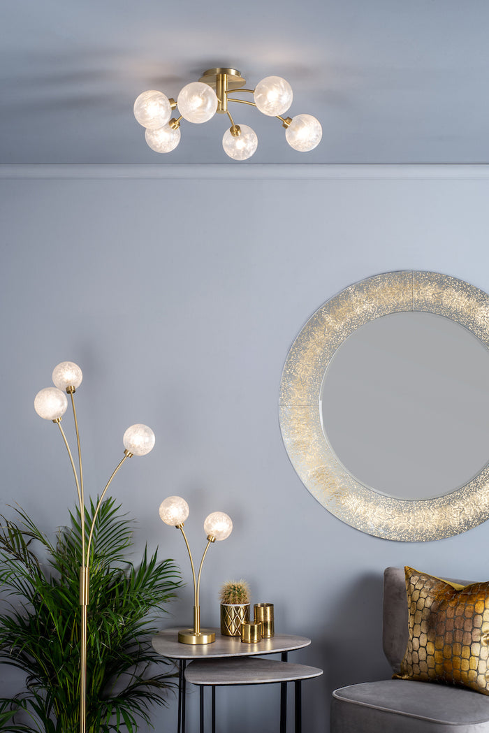 Avari 6 Light Semi Flush Satin Brass And Clear Frosted Glass<br>Satin Brass