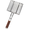 Metal grill basket with wooden handle on a white background
