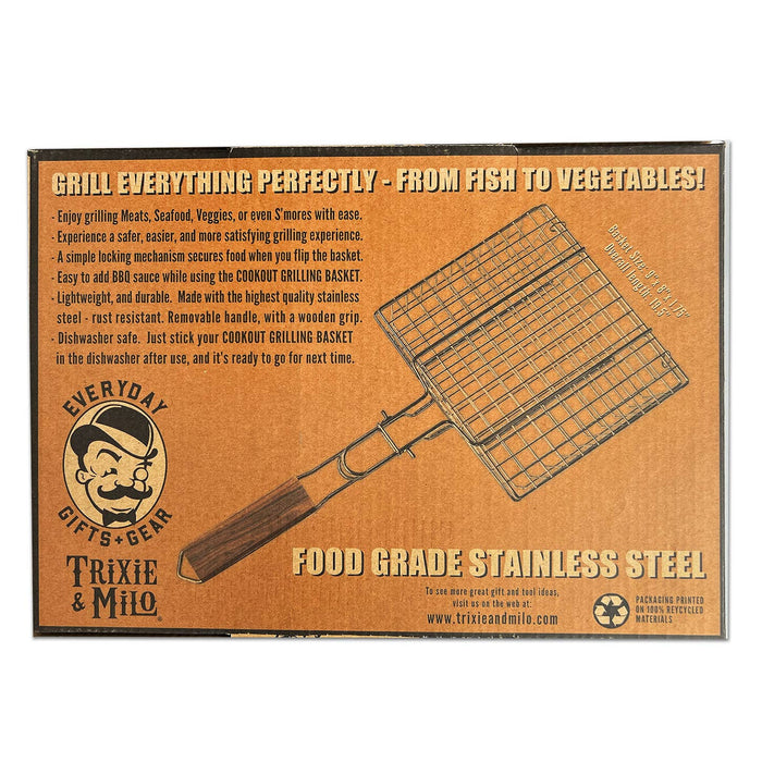 Grilling basket with branding and product details on a brown background