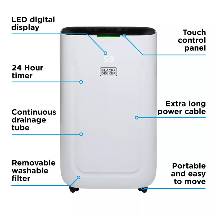Black & Decker BXEH60014GB 20L Smart Dehumidifier - 4 Modes Quiet 6.5L Water Tank - 24 Hour Timer White