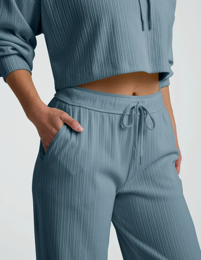 Breathe Easy Ribbed Wide Leg Pant - Misty Blue