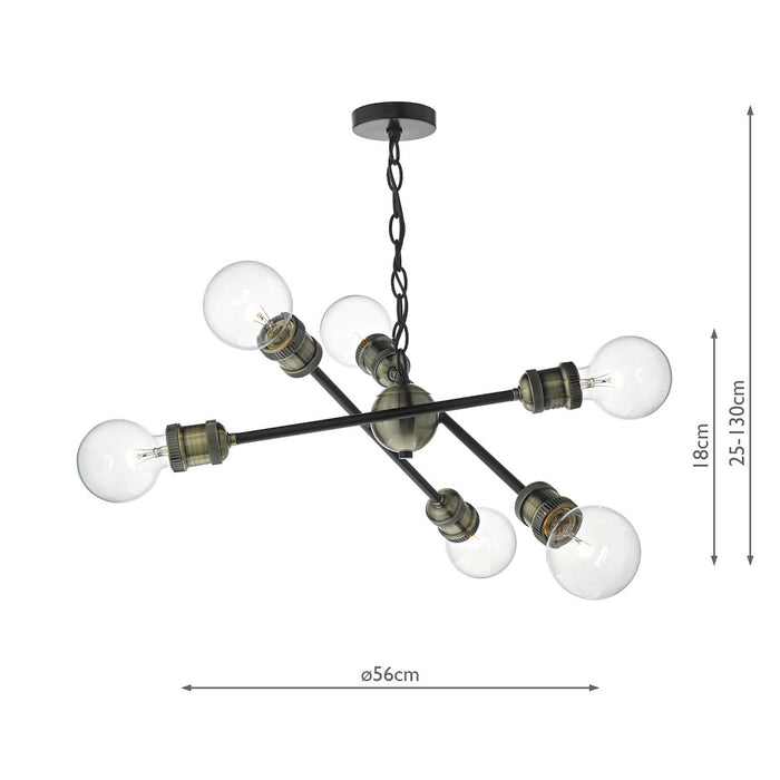Brigade 6 Light Pendant Black & Antique Brass<br>Matt Black