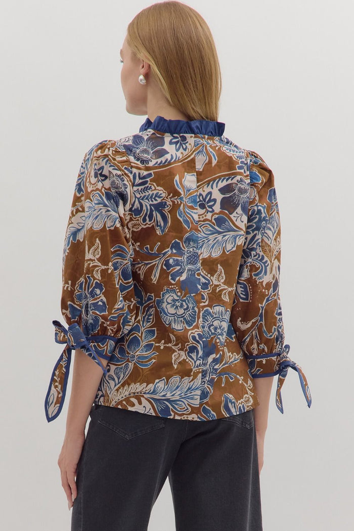 Brown Floral Tie Sleeves Top