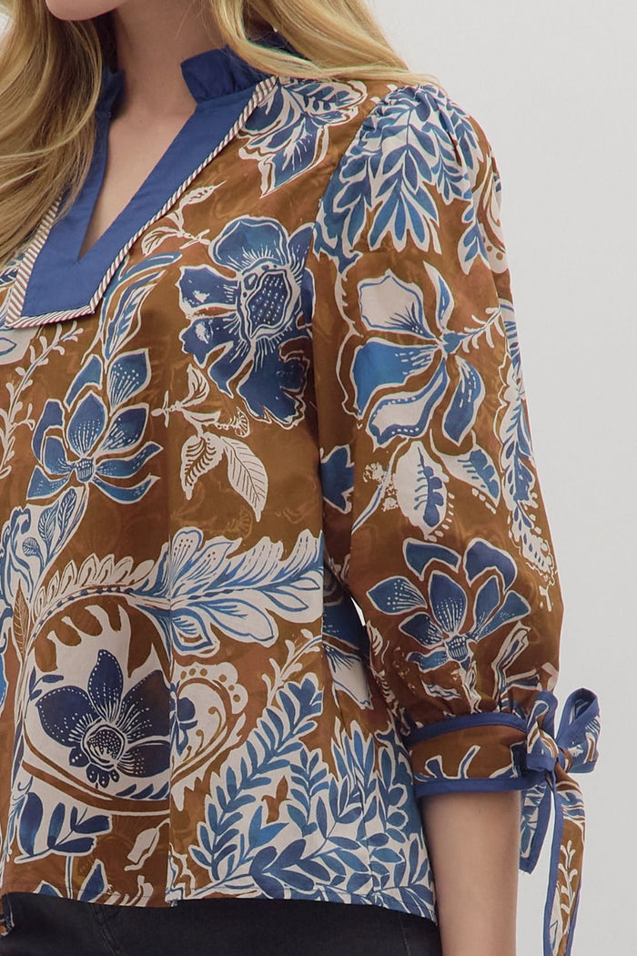 Brown Floral Tie Sleeves Top