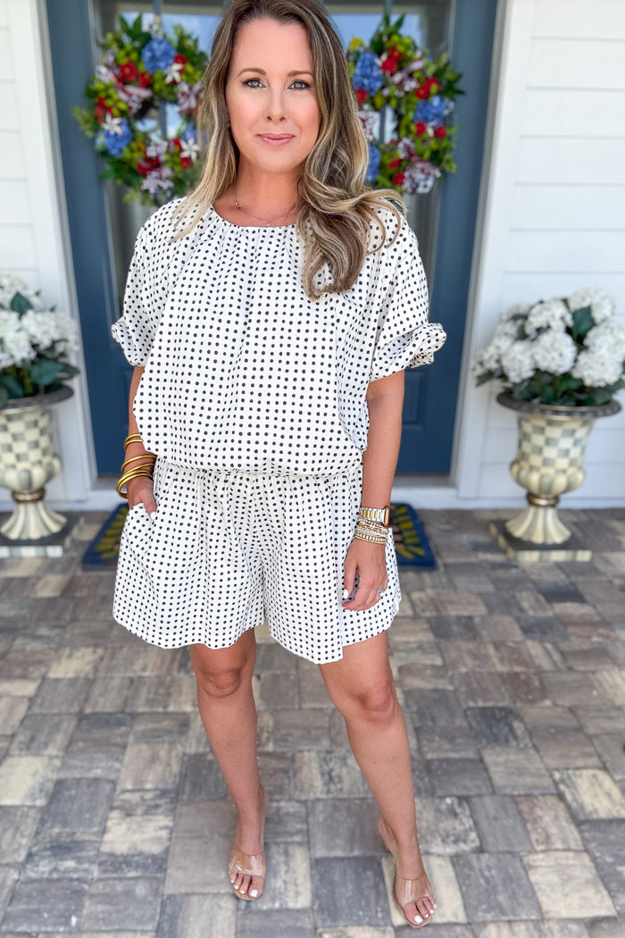 Bubble Crop Top With Round Neck Balloon Sleeve Dot Print