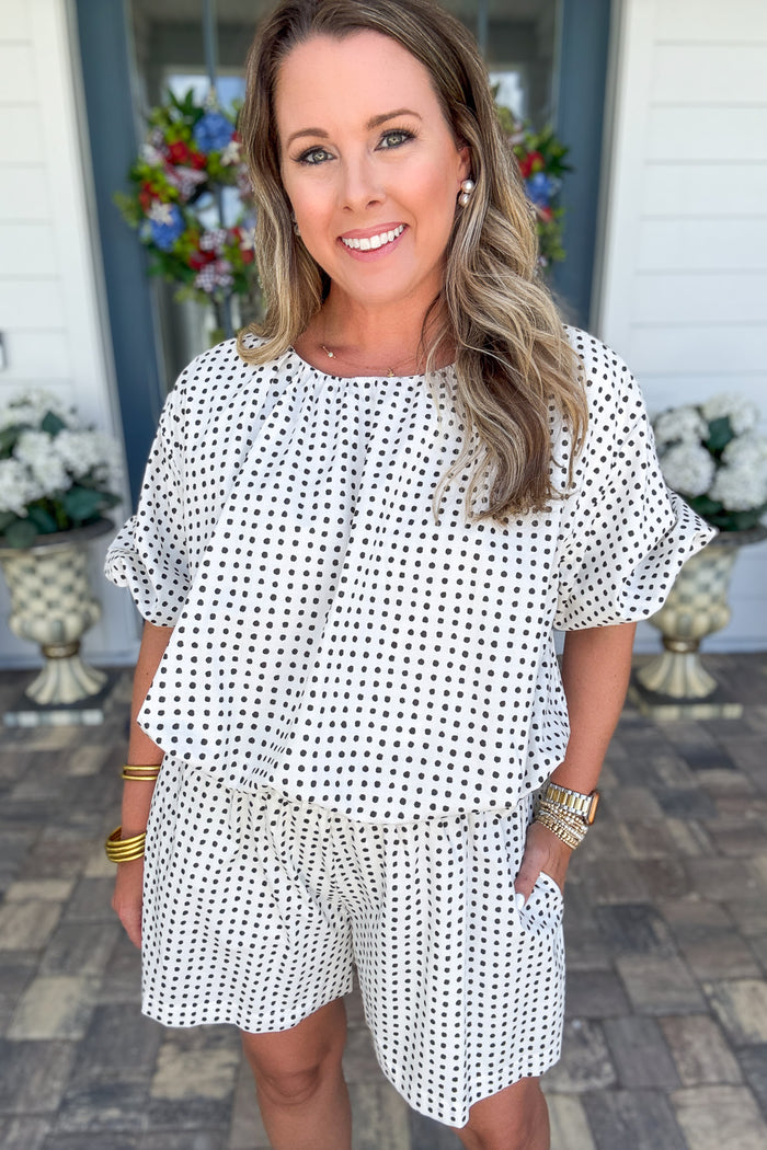Bubble Crop Top With Round Neck Balloon Sleeve Dot Print