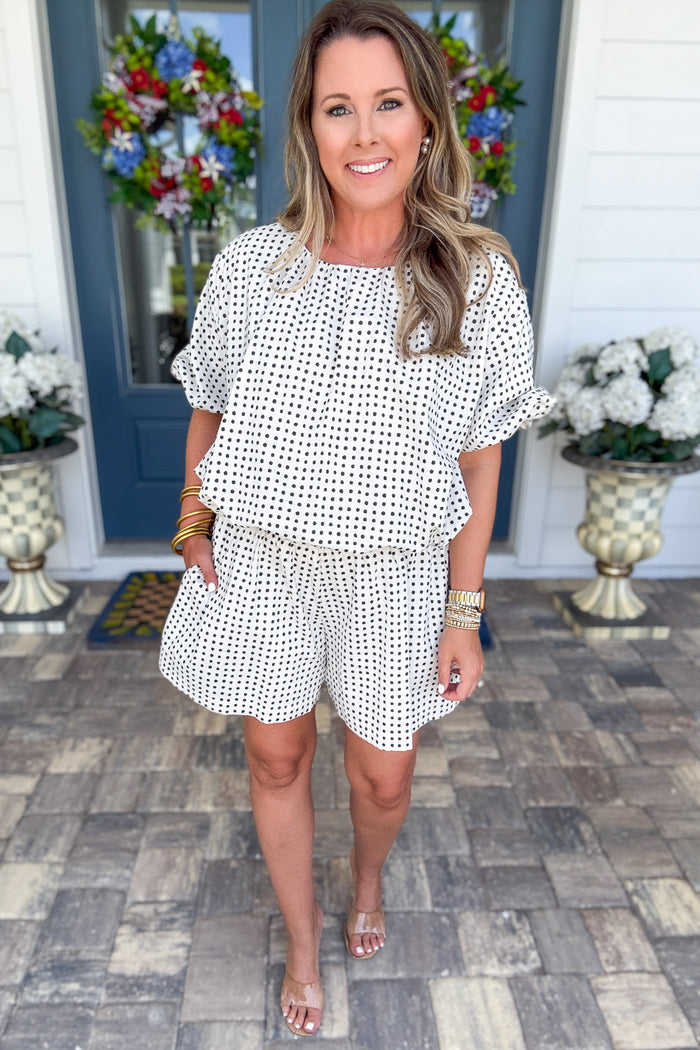 Bubble Crop Top With Round Neck Balloon Sleeve Dot Print