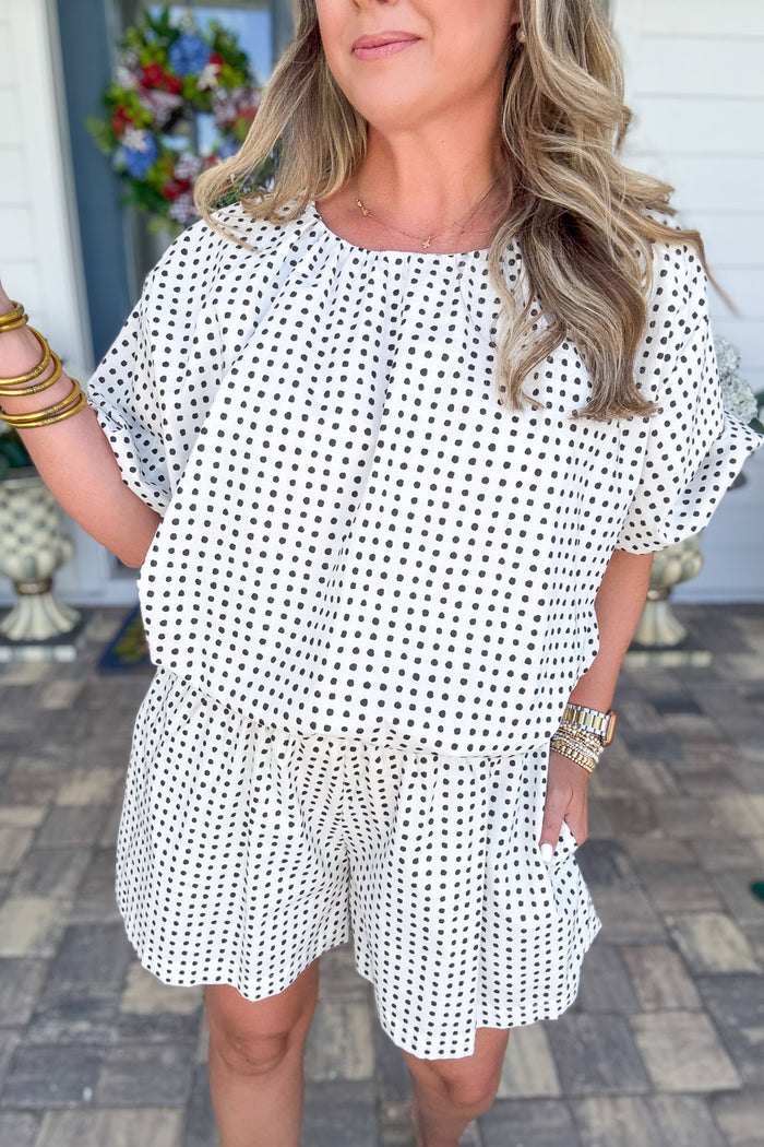 Bubble Crop Top With Round Neck Balloon Sleeve Dot Print