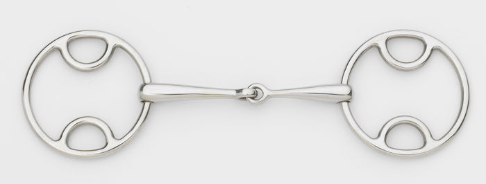 A stainless steel loop ring gag, typically used as a horse bit, displayed against a white background.
