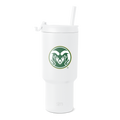 White insulated tumbler with forest green and cream circular logo badge on body