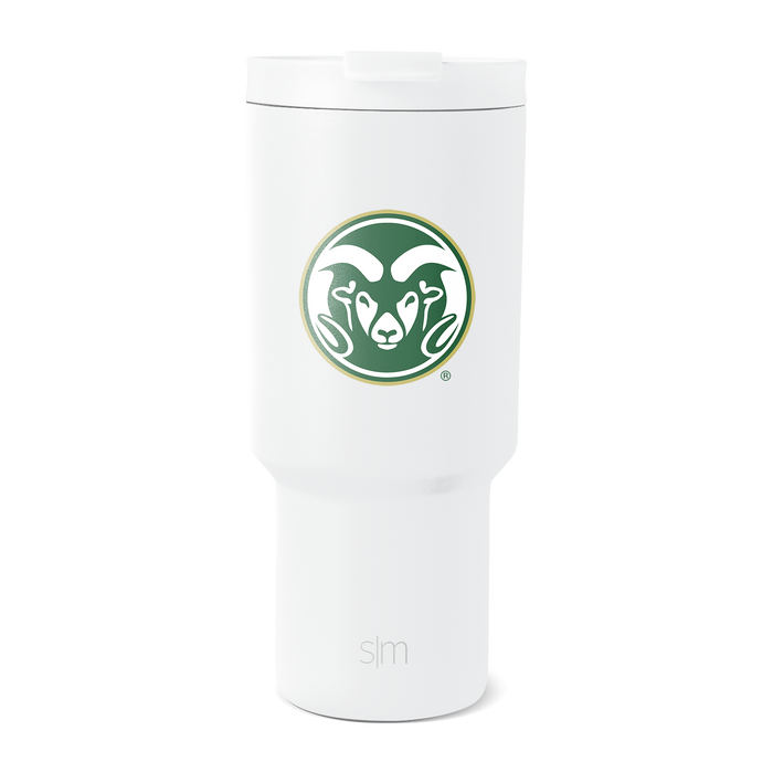 White cylindrical insulated tumbler with tapered design, wider at top, photographed against plain white background in minimalist product photography style.