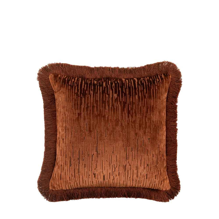 Cut Velvet Fringe Cushion Terracotta - Poly Filled