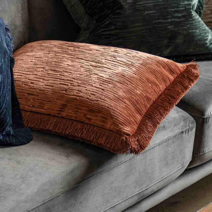 Cut Velvet Fringe Cushion Terracotta - Poly Filled