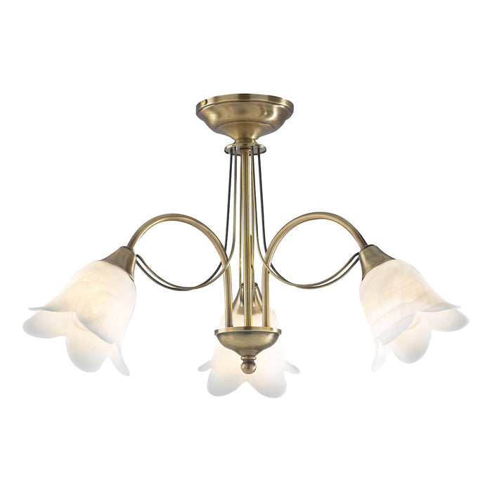 Doublet 3 Light Semi Flush Antique Brass complete with Alabaster Glass<br>Antique Brass