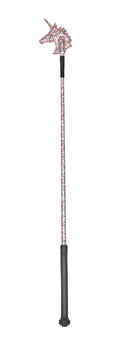 A unicorn-themed riding crop with a sparkly unicorn head at the top, a long sparkly shaft, and a dark textured handle, shown against a white background.
