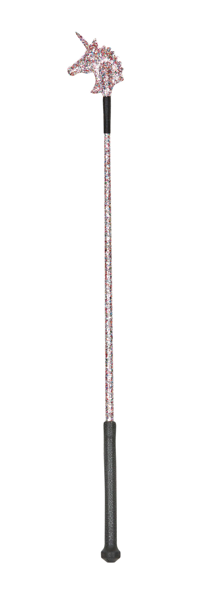 A unicorn-themed riding crop with a sparkly unicorn head at the top, a long sparkly shaft, and a dark textured handle, shown against a white background.