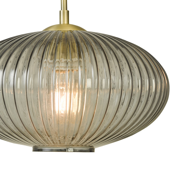 Edmond 1 Light Pendant Smoked Glass Antique Brass Detail<br>Smoked Ribbed Glass