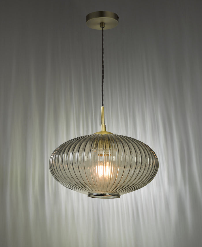 Edmond 1 Light Pendant Smoked Glass Antique Brass Detail<br>Smoked Ribbed Glass
