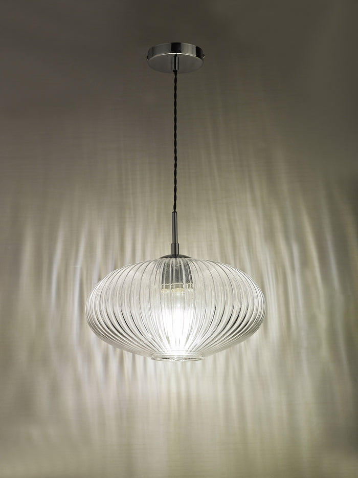 Edmond 1 Light Single Pendant Polished Chrome Ribbed Glass<br>Ribbed Glass