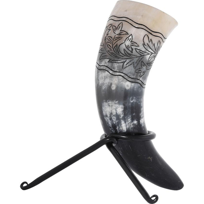 Floral Engraved Drinking Horn With Stand-GoblinSmith