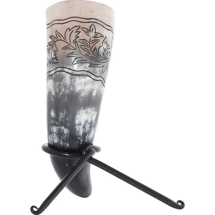 Floral Engraved Drinking Horn With Stand-GoblinSmith