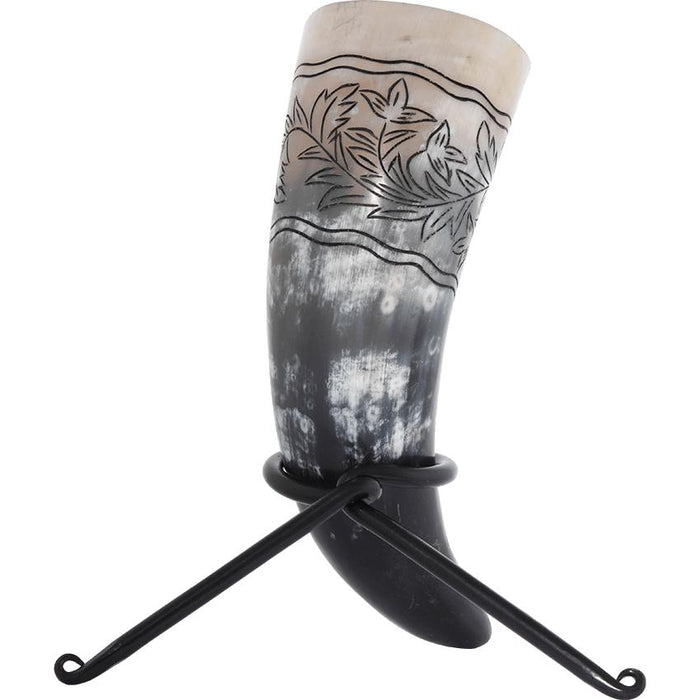 Floral Engraved Drinking Horn With Stand-GoblinSmith