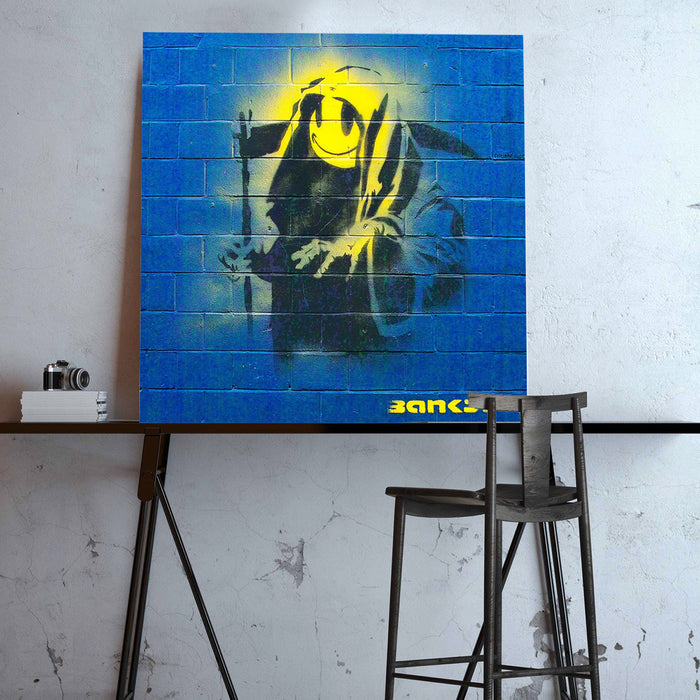 Grin Reaper on Blue Brick Wall, Graffiti