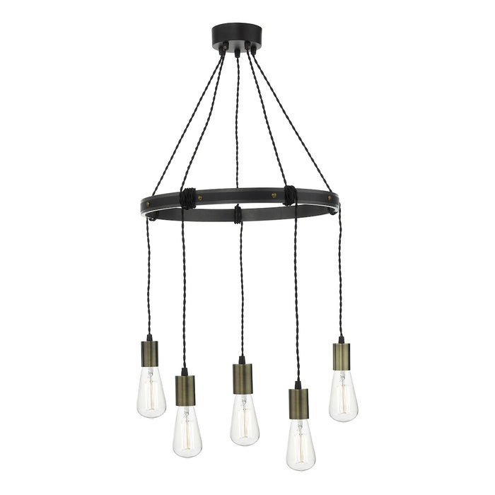Ivan 5 Light Pendant Rustic Wood Aged Brass Detail<br>Matt Brown