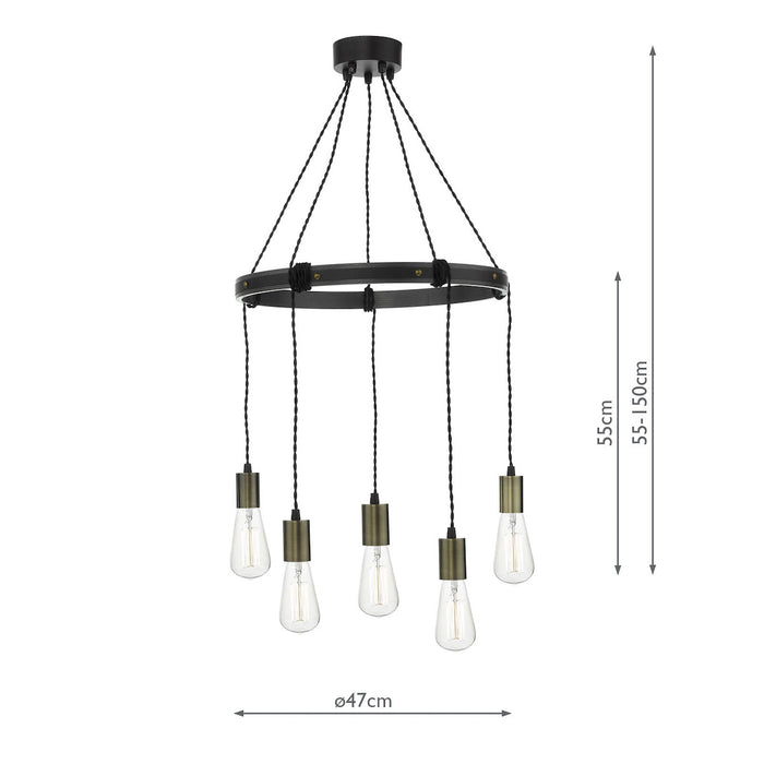 Ivan 5 Light Pendant Rustic Wood Aged Brass Detail<br>Matt Brown