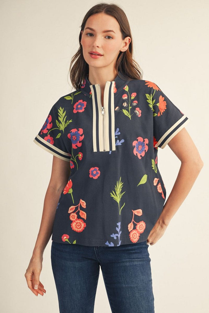 Jod Navy Floral Rib Band Detail Top