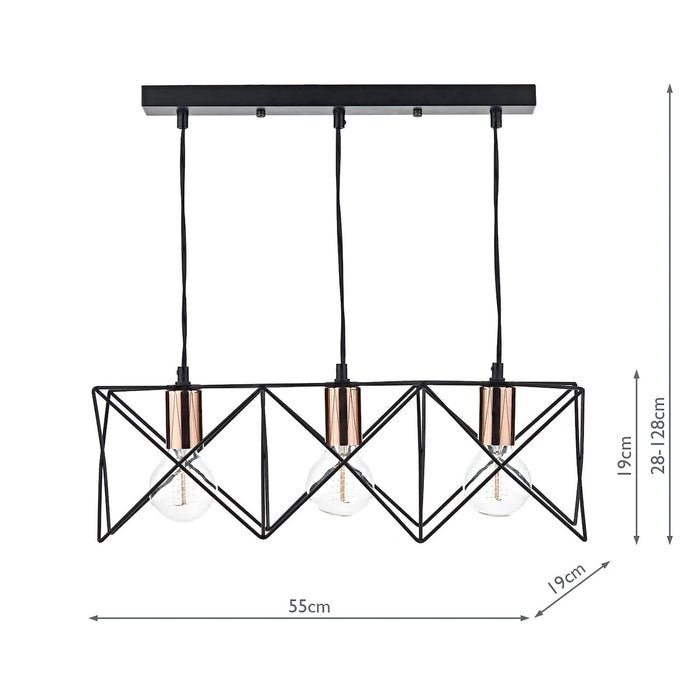 Midi 3 Light Bar Pendant Black & Bright Copper Detail<br>Matt Black