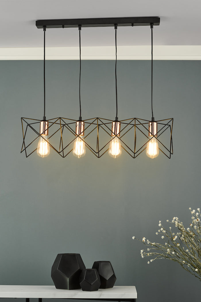 Midi 4 Light Bar Pendant Black & Copper Detail<br>Matt Black