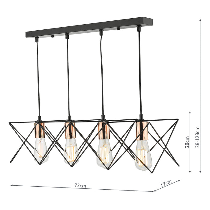 Midi 4 Light Bar Pendant Black & Copper Detail<br>Matt Black