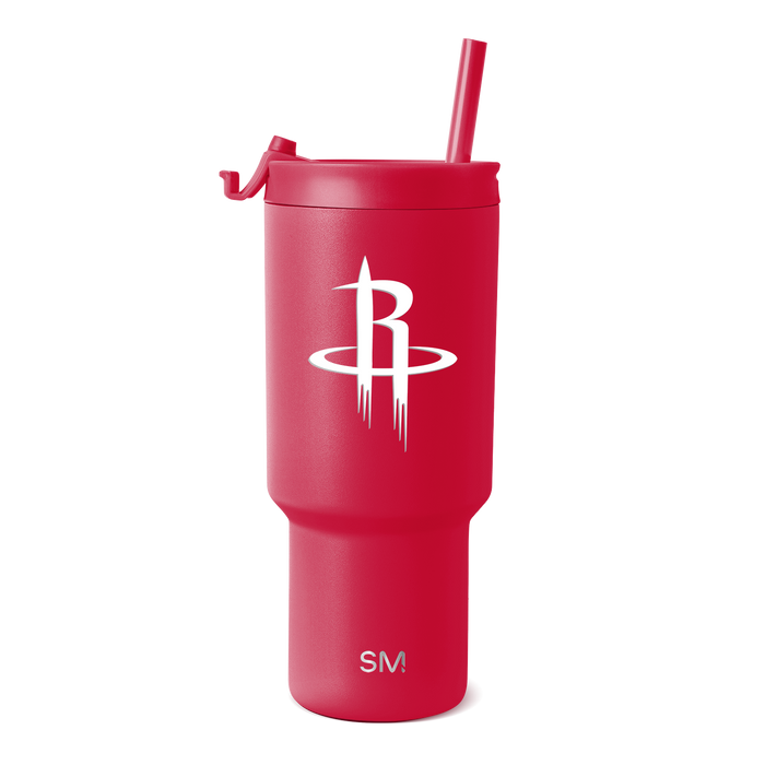 Hot pink tumbler with white logo and branding design
