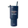 Navy blue drinkware with gold and cream logo accents, white text details