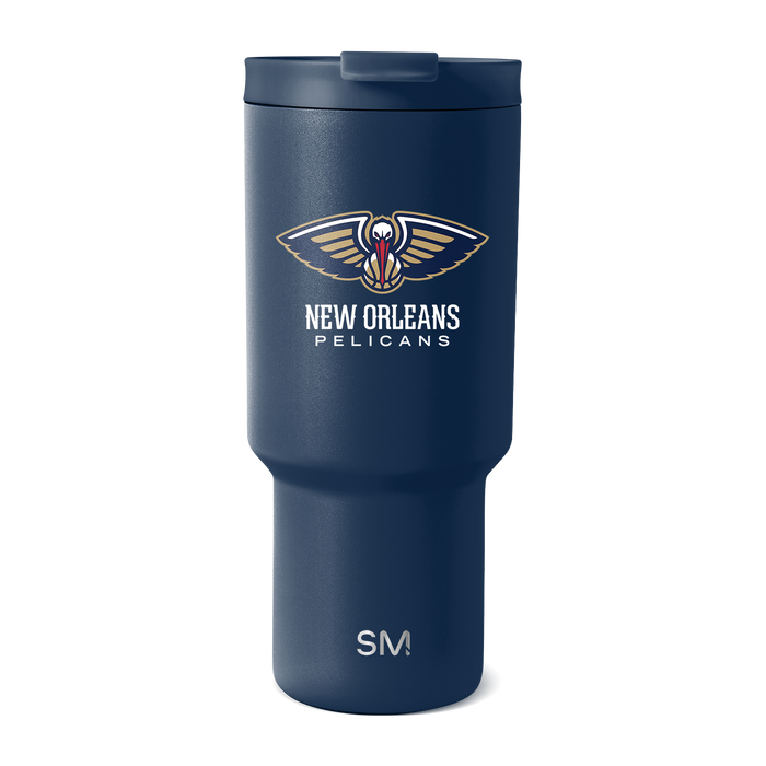 Deep navy blue insulated tumbler with matte finish and gold accents on winged logo and text