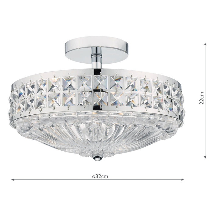 Olona 3 Light Semi Flush Polished Chrome Crystal Beads and Glass Diffuser<br>Polished Chrome