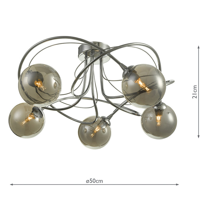 Onawa 5 Light Semi Flush Polished Chrome With Smoked Glass<br>Polished Chrome