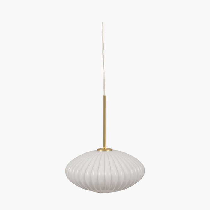 Pacific Emilia White Glass and Gold Metal Ribbed Oval Pendant 35-324