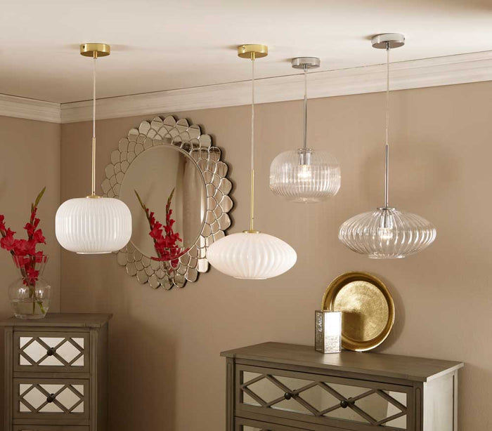 Pacific Emilia White Glass and Gold Metal Ribbed Oval Pendant 35-324
