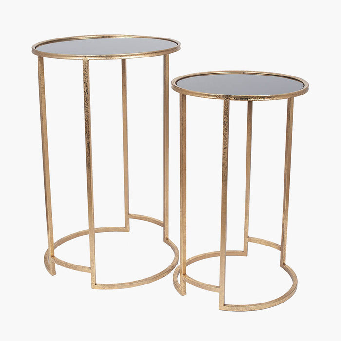 Pacific Veneziano S/2 Antique Gold Metal and Black Glass Side Tables